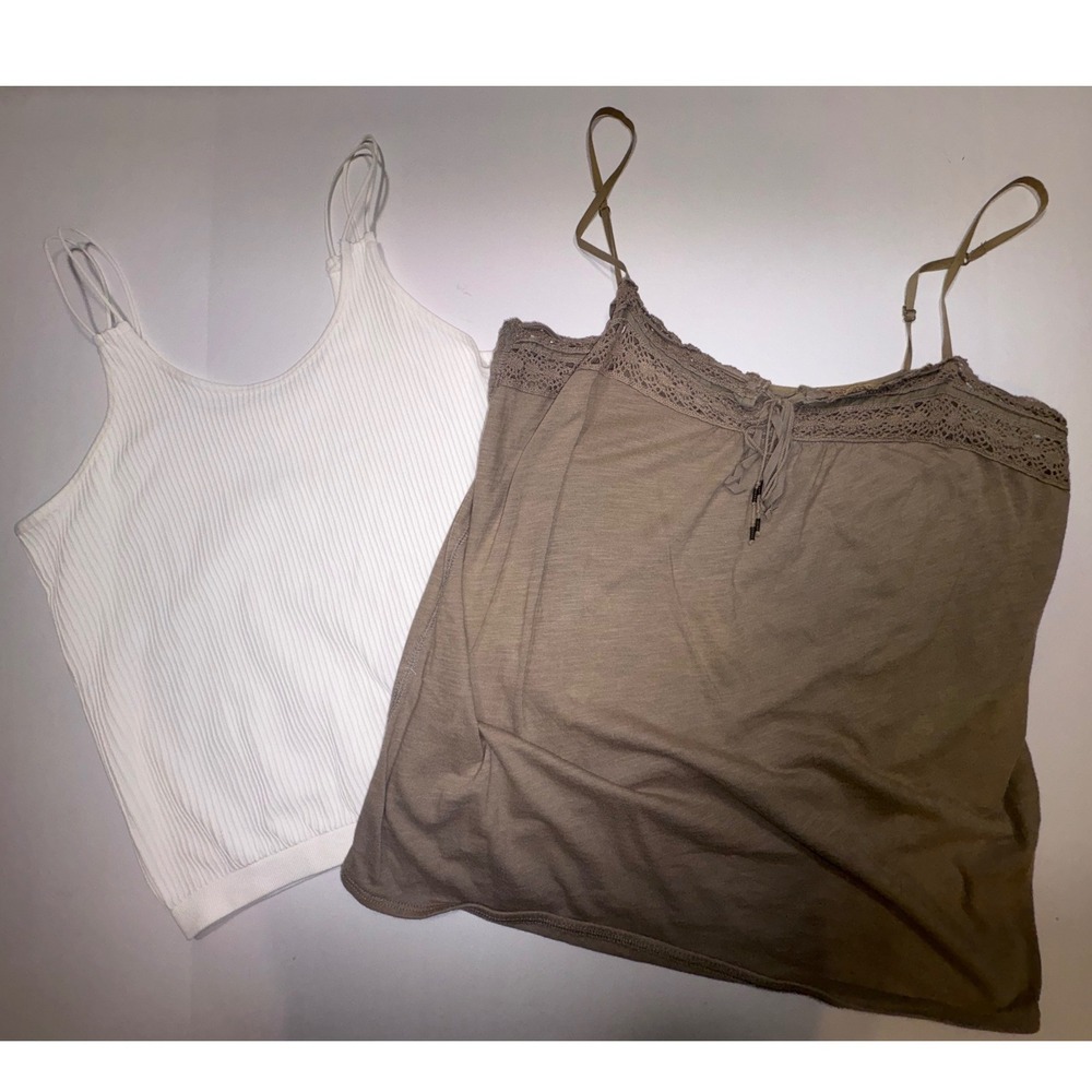 Versona & American Eagle Camisole Bundle White Ribbed Taupe Lace Trim L/XL